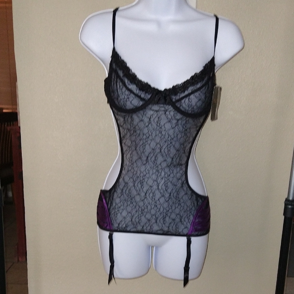 Black and Purple Lace Chemise with Scalloped Trim